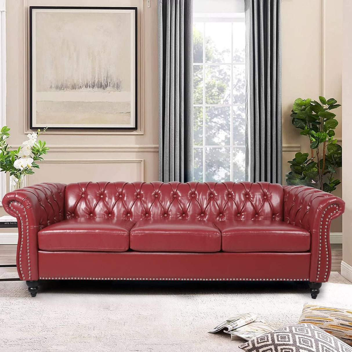 AVZEAR Chesterfield Leather Sofa 3 Seater Couch, Mid-Century Large Sofa Roll Arm Classic Tufted Settee Modern PU Sofa with Channel Tufted Seat Back for Living Room, Office, Apartment, Claret AVZEAR