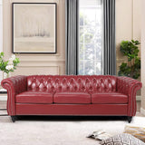 AVZEAR Chesterfield Leather Sofa 3 Seater Couch, Mid-Century Large Sofa Roll Arm Classic Tufted Settee Modern PU Sofa with Channel Tufted Seat Back for Living Room, Office, Apartment, Claret AVZEAR