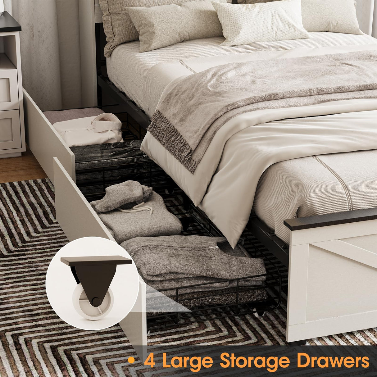 Fameill Farmhouse Twin Size Bed Frame with 4 Drawers and Bookcase Headboard, Sliding Barn Door Storage Shelves, LED Lights and Charging Station, No Box Spring Needed, Antique White Fameill