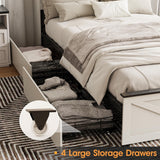 Fameill Farmhouse Twin Size Bed Frame with 4 Drawers and Bookcase Headboard, Sliding Barn Door Storage Shelves, LED Lights and Charging Station, No Box Spring Needed, Antique White Fameill