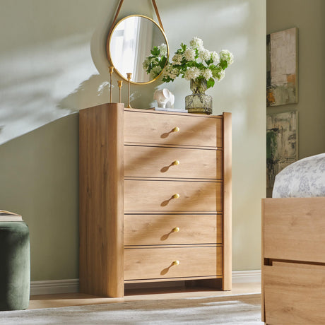 IFGET Modern 5 Drawer Dresser for Bedroom, Wooden Chest of Drawers with Curved Profile Design, 39.6" Tall Wood Dresser with Golden Metal Handle for Bedroom, Living Room, Hallway, Natural IFGET