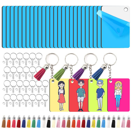 HTVRONT Sublimation Keychain Blanks Bulk - 120Pcs Sublimation Blanks Keychain with Blue Protective Film - MDF Rectangle Keychain with Tassels - Heat Transfer Keychain Blanks Double Sided HTVRONT