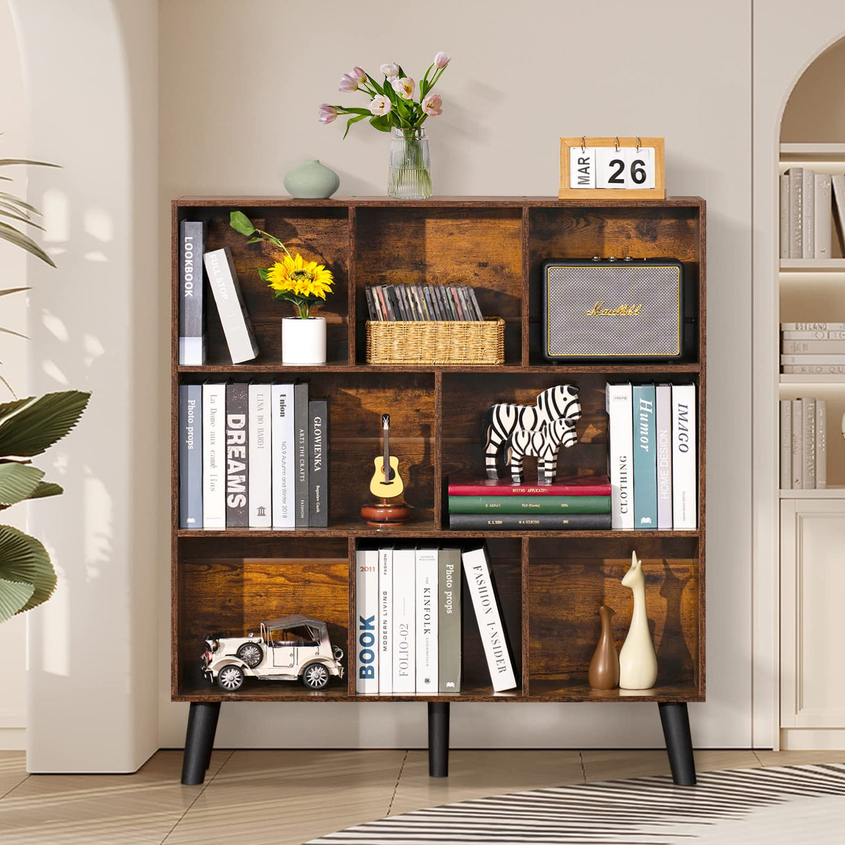 LEYAOYAO 8-Cube Rustic Brown Mid-Century Modern Bookshelf with Legs - 3-Tier Storage Organizer LEYAOYAO