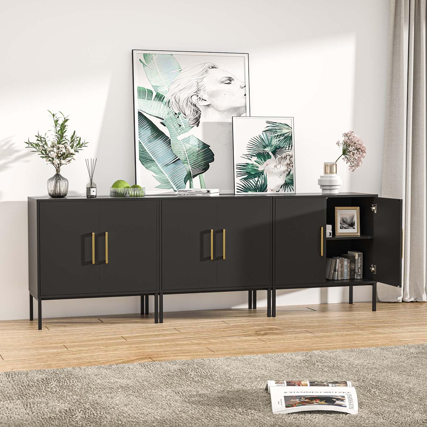 LYNSOM TV Stand for 85 Inch TV, Media Entertainment Center Console Table, 3 Cabinets, TV Console Table with Storage Cabinet for Bedroom, Living Room, Entertainment Room (Black)