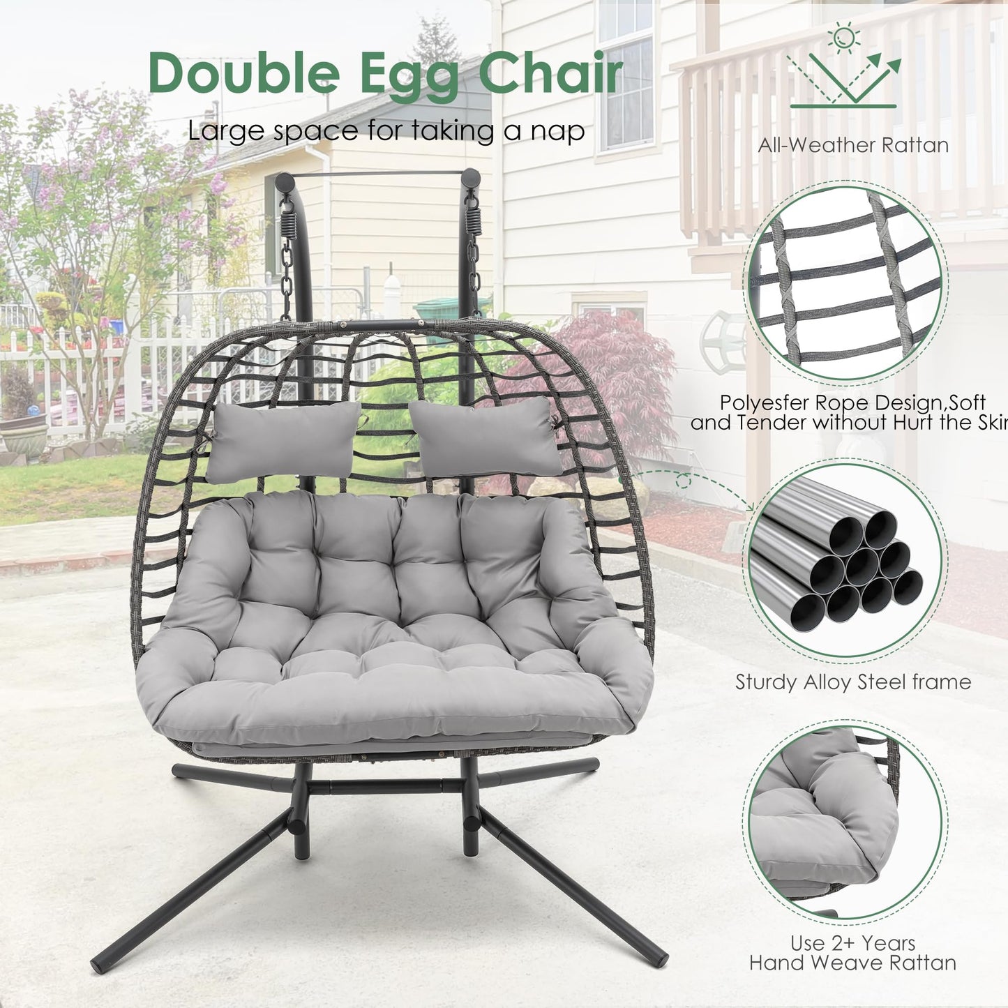 2 Person Hanging Egg Chair with Stand for Outdoor, Patio Hand Made Rattan Wicker Double Egg Swing Chairs Hammock Chair with UV Resistant Cushion and Metal Frame, Porch Swing Loveseat for Backyard