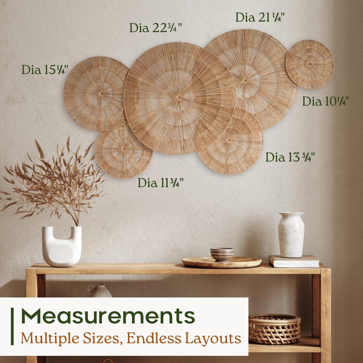 CHI AN HOME Wicker 23 Inch Jute Wall Decor Baskets, Set of 6 Extra Large Woven Jute Wall Plates, 23",21",15",13",12,10", Decorative Baskets for Wall Arts, Wall Hanging for Bedroom, Living Room, Office Chi An Home