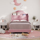 IDEALHOUSE Pink Upholstered Twin Bed Frame with Lights, Stylish Velvet Platform Bed, Wingback Storage Headboard, Wooden Slats Support, No Box Spring Needed IDEALHOUSE