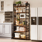 6 Tier Bookshelf, Industrial Bookcase with 8 Hooks, Vintage Storage Rack with Open Shelves, Rustic Standing Bookshelves Metal Frame Display Rack for Living Room, Bedroom, Rustic Brown Homeiju