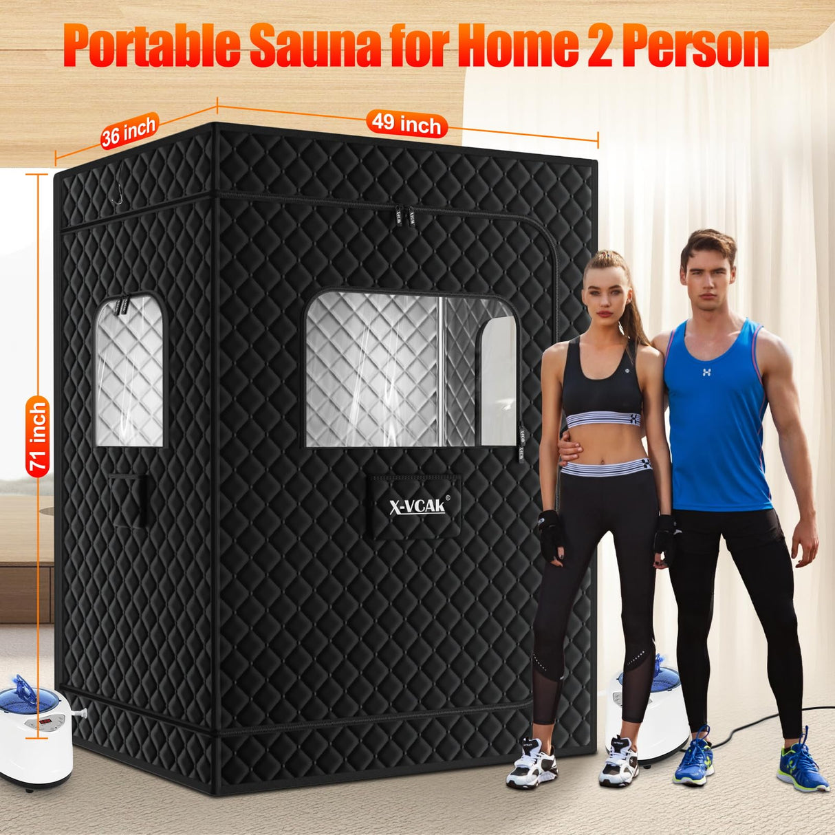 X-Vcak 2 Person Sauna, Extra Large Sauna Box, Portable Steam Sauna Tent with 2 Steamers, 2 Folding Chair, 71”x 49”x 36”, Black X-Vcak