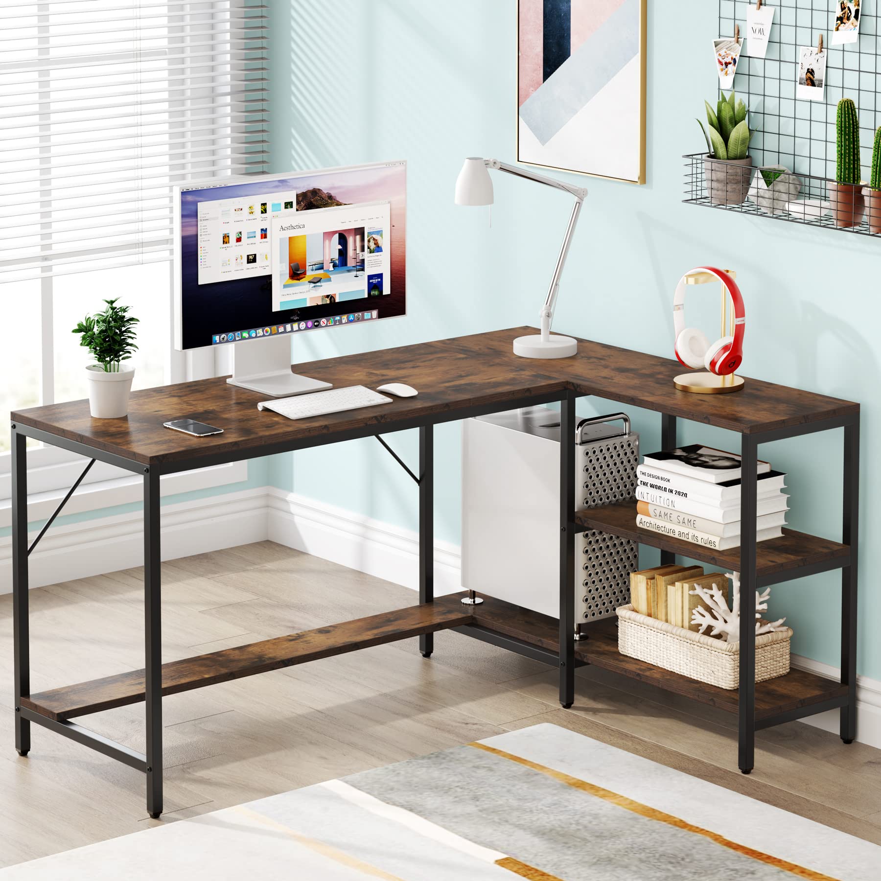 Tribesigns L Shaped Desk with Storage Shelves, Reversible Computer Desk Gaming Desk for Home Office Workstation, Rustic Brown - WoodArtSupply