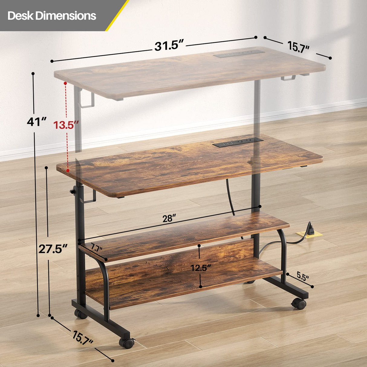 Height Adjustable Standing Desk with Power Outlets, 32" Manual Stand Up Desk with Storage Shelves Small Mobile Rolling Computer Desk Portable Laptop Table with Wheels for Home Office, Rustic armocity