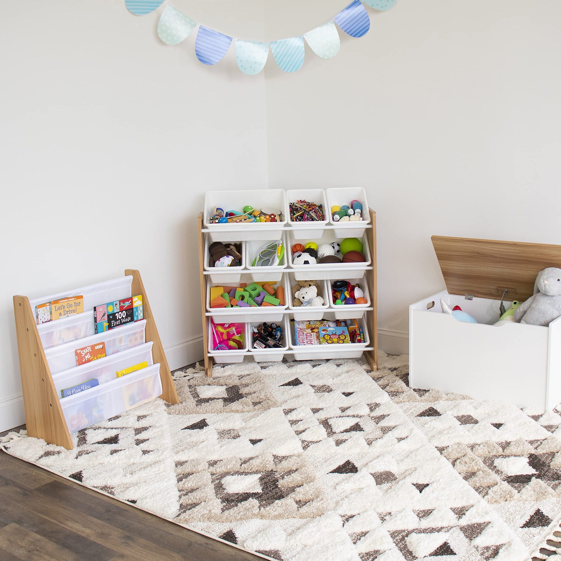 Humble Crew 4-Tier Toddler Bookshelf in Natural Wood/White with Deep Fabric Sleeves - WoodArtSupply