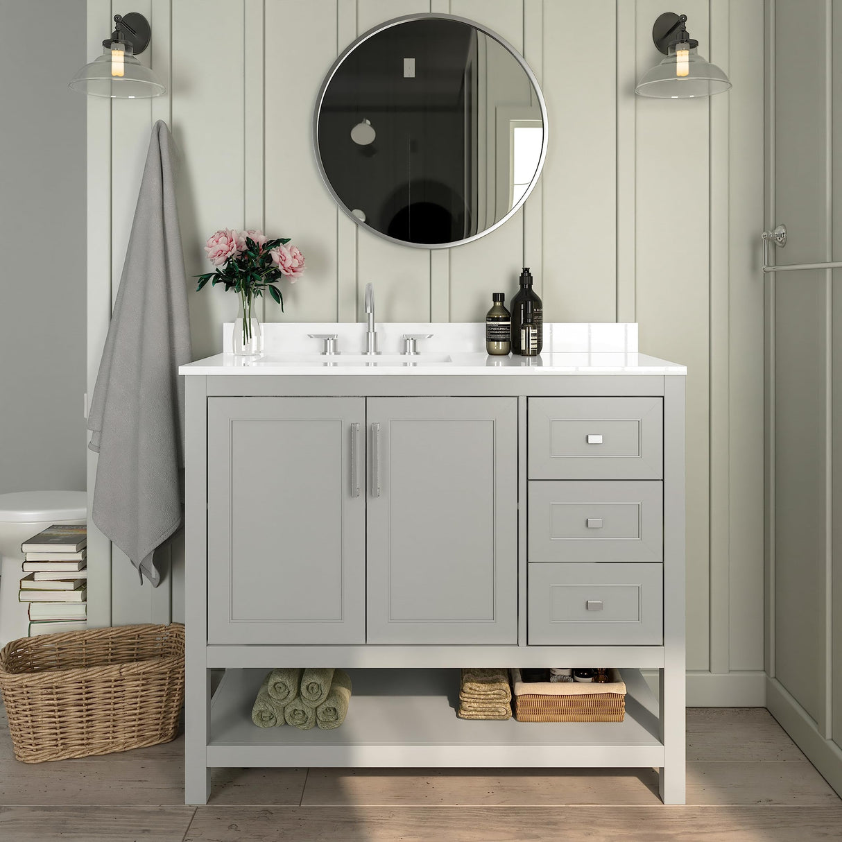 EMMA + OLIVER Vesta 42 Inch Bathroom Vanity, Single Sink Cabinet with 2 Soft Close Doors, Open Shelf and 3 Drawers, Carrara Marble Finish Countertop, Gray EMMA + OLIVER