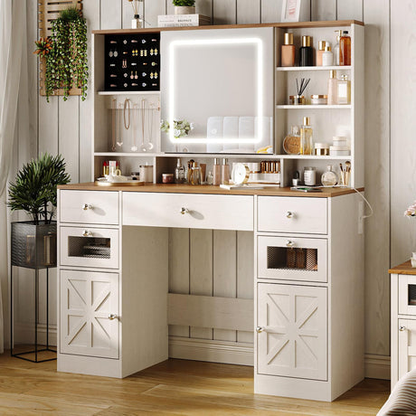 Halitaa Farmhouse Vanity Desk with Mirror and Lights,White Makeup Vanity with 5 Drawers & Hidden Storage,Rustic Large Dressing Table with Charing Station & Shelves for Bedroom Halitaa