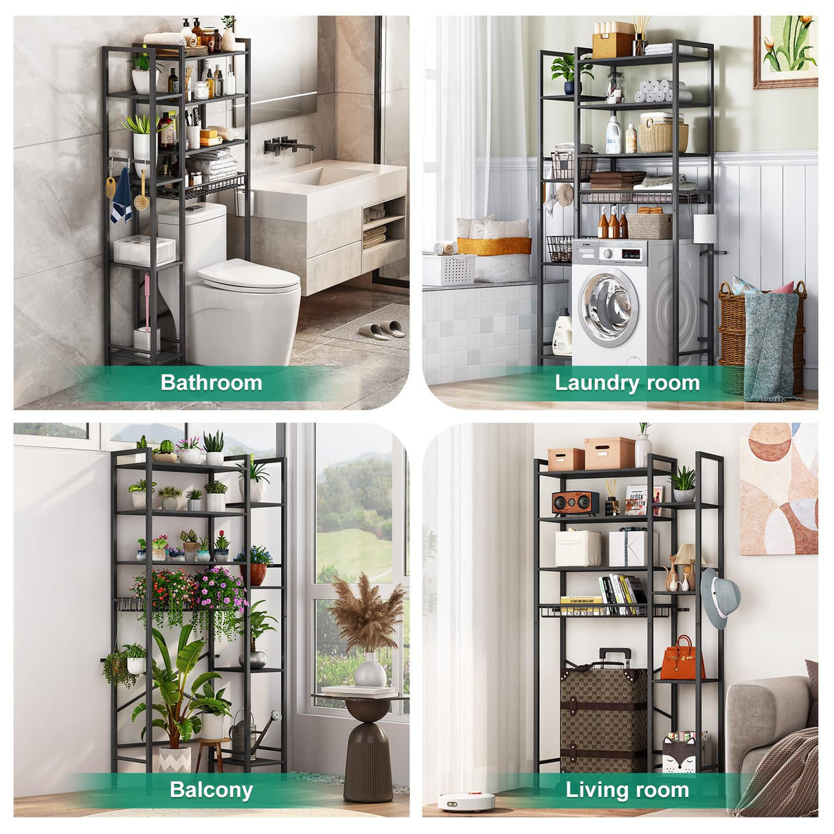 Kalrin Over The Toilet Storage Rack with Extra Side Shelves, 4-Tier Bathroom Over Toilet Storage with Adjustable Shelf & Drain Basket, Freestanding Bathroom Organizer for Balcony, Laundry(Pure Black) Kalrin