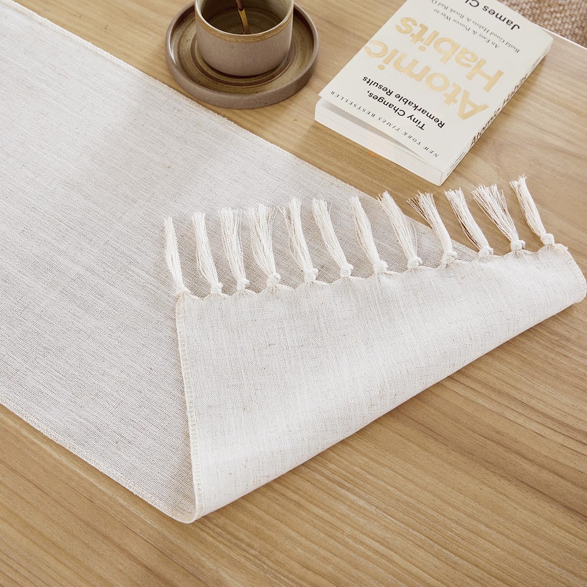 Aoztio Linen Style Rustic Table Runner, Farmhouse Cotton Linen Table Runner, Boho Table Runners 72 Inches Long with Hand Tassels for Home Tabletop Decor and Everyday Use - Off White, 72 Inch Aoztio