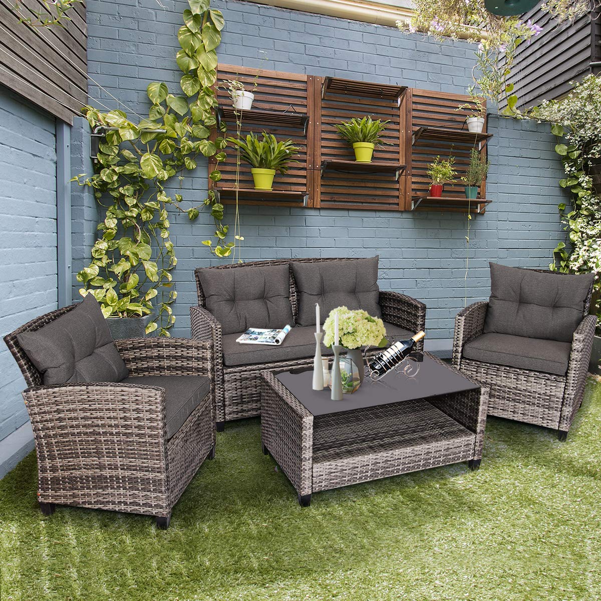 Tangkula 4 PCS Patio Wicker Conversation Furniture Set, Outdoor Rattan Sofa Set with Padded Cushion & Tempered Glass Coffee Table, Wicker Sectional Sofas & Table for Courtyard Balcony Garden  - WoodArtSupply