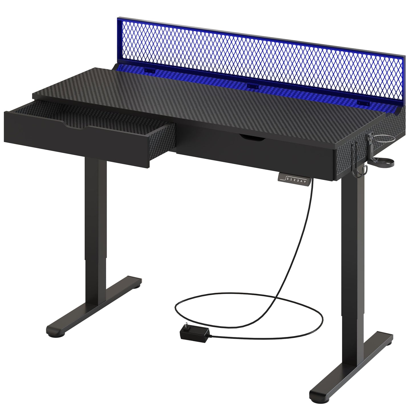 Bestier LED Electric Standing Gaming Desk with Double Drawers,47x23 Inch Standing Desk Adjustable Height with Cup Holder＆Hook,Ergonomic Rising Desk for Home Office,Black Carbon Fiber