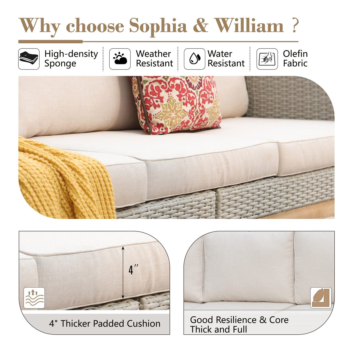 Sophia & William Outdoor Patio Furniture Sets, 5-Piece All-Weather Patio Conversation Set, High Back Wicker Rattan Setional Sofa with Large Single Sofa Chairs, Ottomans & Wooden Coffee Table (Beige) Sophia & William