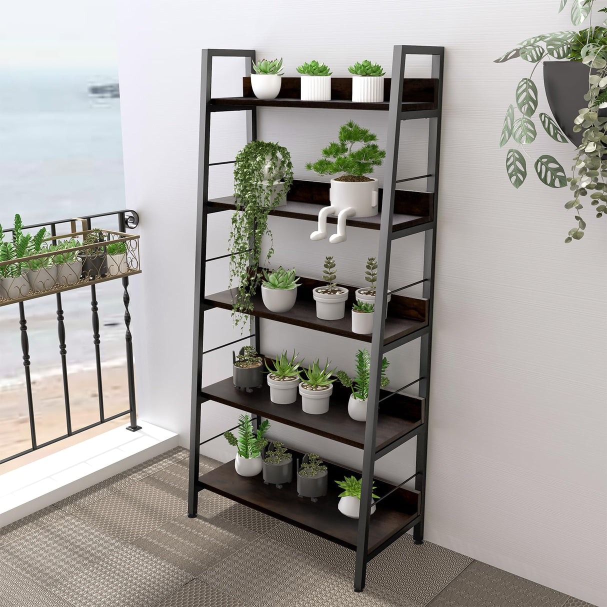 Himimi Ladder Bookshelf, 5 Shelf Bookcase Industrial Bookshelf Wood and Metal Bookshelves, Plant Flower Stand Rack Book Storage Shelves for Living Room, Bedroom, Home Office (2 PCS) Himimi