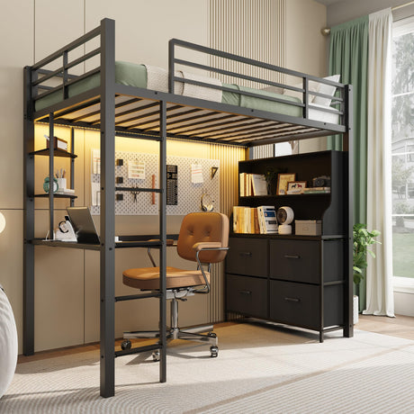 Twin Size Loft Bed with Desk, 4 Large Fabric Drawers and Open Shelves, Heavy Duty Metal Loft Bed with LED Lights, Power Outlets, Safety Guardrails & Ladder, Space Saving, No Box Spring Needed, Black Garvee
