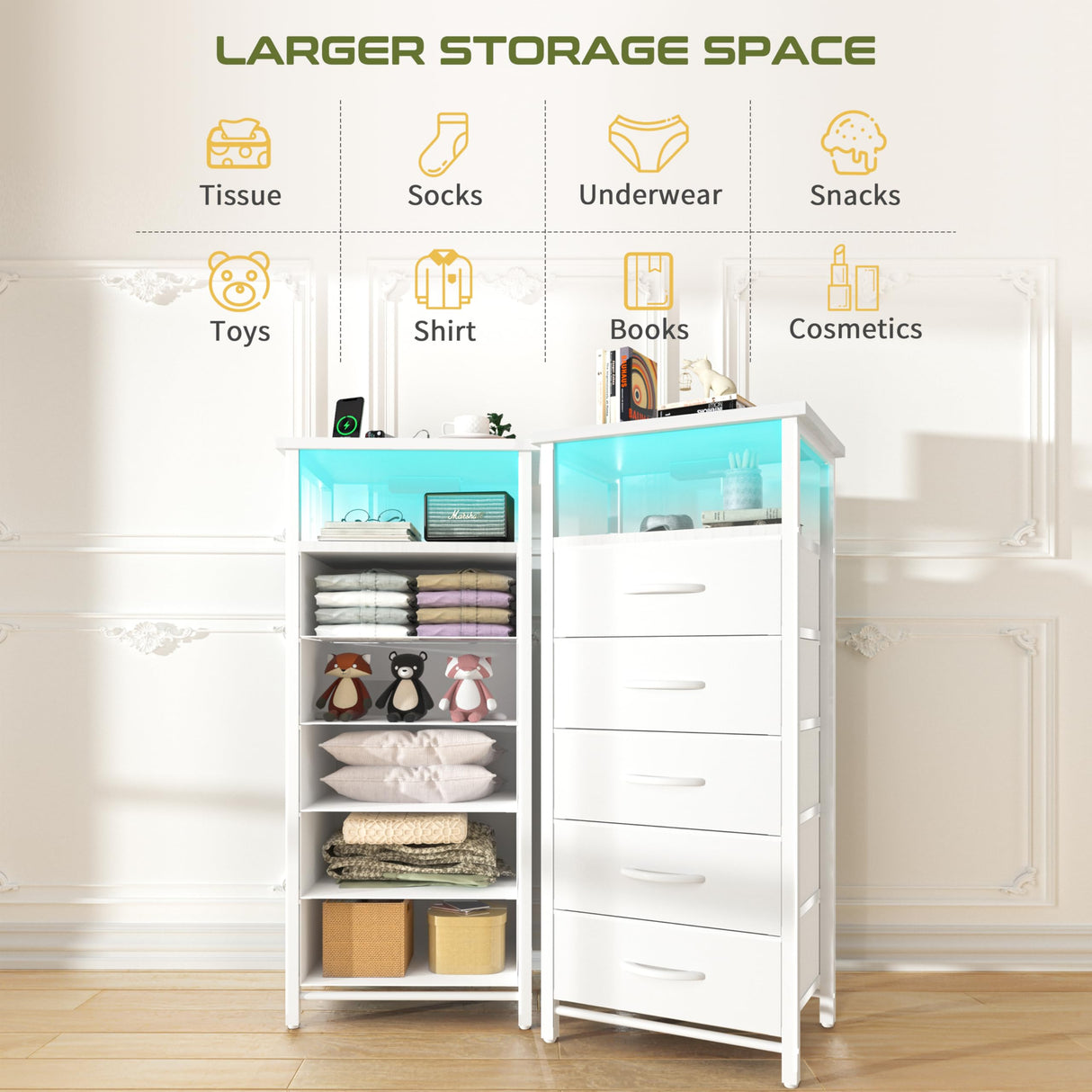 Yoobure 5 Drawers Dresser for Bedroom, Tall Nightstand with Charging Station, Fabric Dresser for Closet with Storage Shelf, Vertical Dressers Chest LED Night Stand, Bedside Table for Dorm Living Room Yoobure