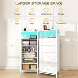 Yoobure 5 Drawers Dresser for Bedroom, Tall Nightstand with Charging Station, Fabric Dresser for Closet with Storage Shelf, Vertical Dressers Chest LED Night Stand, Bedside Table for Dorm Living Room Yoobure