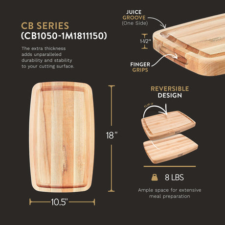 John Boos Boos Block CB Series Large Reversible Wood Cutting Board with Juice Groove, 1.5-Inch Thickness, 18" x 10.5" x 1 1/2", Maple John Boos