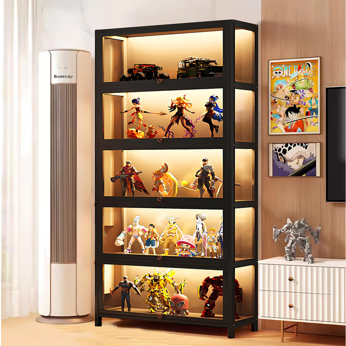 5 Tier Curio Display Cabinet with Acrylic Glass Door, Large Capacity Storage Cabinet Collectibles Toy Organizers Rack & Display Shelf, Kids Bookshelf and Bookcase for Playroom, Bedroom JOIHGA