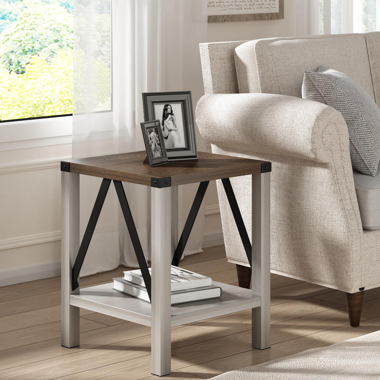 Treocho Farmhouse End Table Set of 2, Rustic Vintage Nightstand Side Table with Shelf for Living Room, Antique White & Brown Treocho