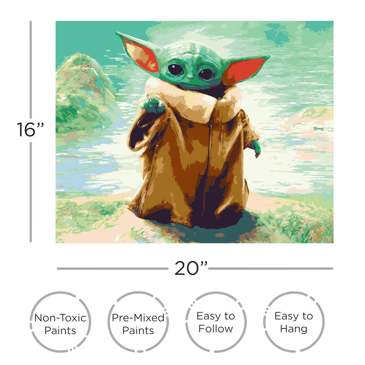 AQUARIUS Star Wars Mandalorian Grogu Art by Numbers Painting Kit (Stretched Canvas) 24 Paints, 3 Paint Brushes, Ready to Hang, Officially Licensed Star Wars Mandaalorian Collectible - 16"x20", Brown AQUARIUS