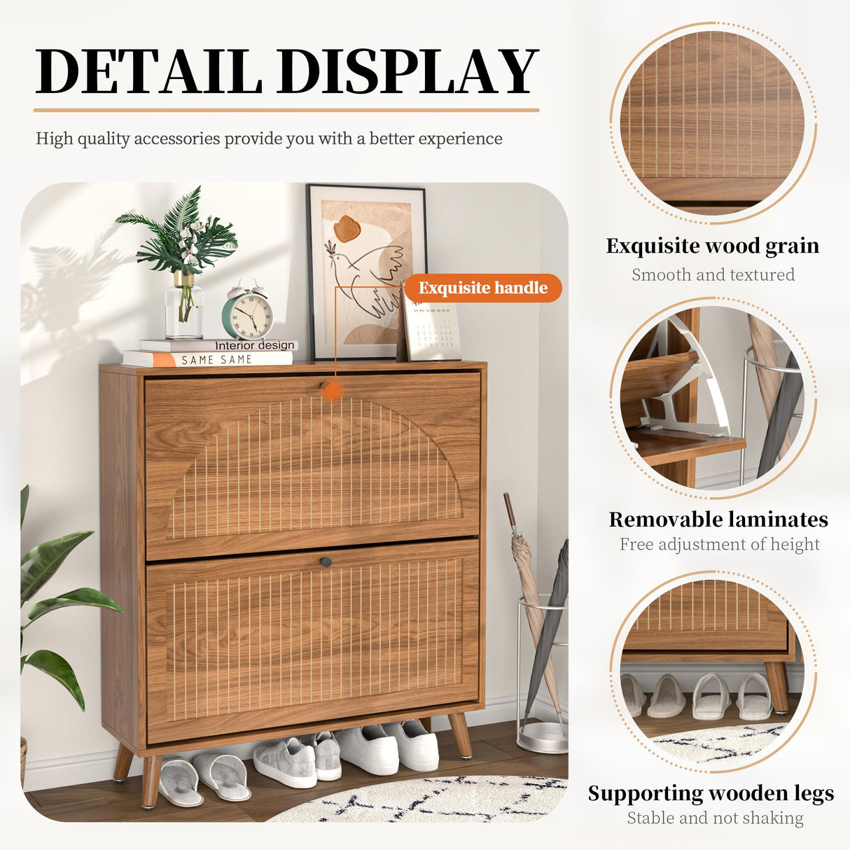 Fsbecl Shoe Storage Cabinet for Entryway with 2 Flip Drawers, Narrow Wood Shoe Cabinet with Fluted Panel, Freestanding Hidden Shoe Organizer for Foyer, Hallway (Walnut) Fsbecl