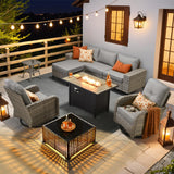 HOOOWOOO Outdoor Sectional Furniture Set with Fire Pit Table,9 Pieces Wicker Patio Conversation Sets,L Shape All Weather Outside Couch Sofa Set with Swivel Chairs Solar Table Ottoman,Charcoal Gray HOOOWOOO