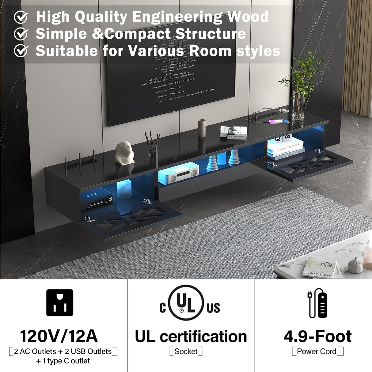 ANTISTA Floating TV Stand, 71" Floating Entertainment Center Wall Mounted,Floating Wall Mounted TV Shelf with Led Lights and Power Outlet,Modern High Gloss tv Cabinet Media Console with Storage ANTISTA