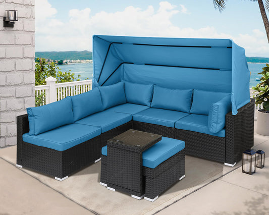 Grepatio Rattan Furniture Daybed with Canopy 7 Pieces Outdoor Day Bed Wicker Sectional Sofa Set Patio Furniture Set with Adjustable Backrest and Cushions Storage Table (7 Pieces Blue) - WoodArtSupply