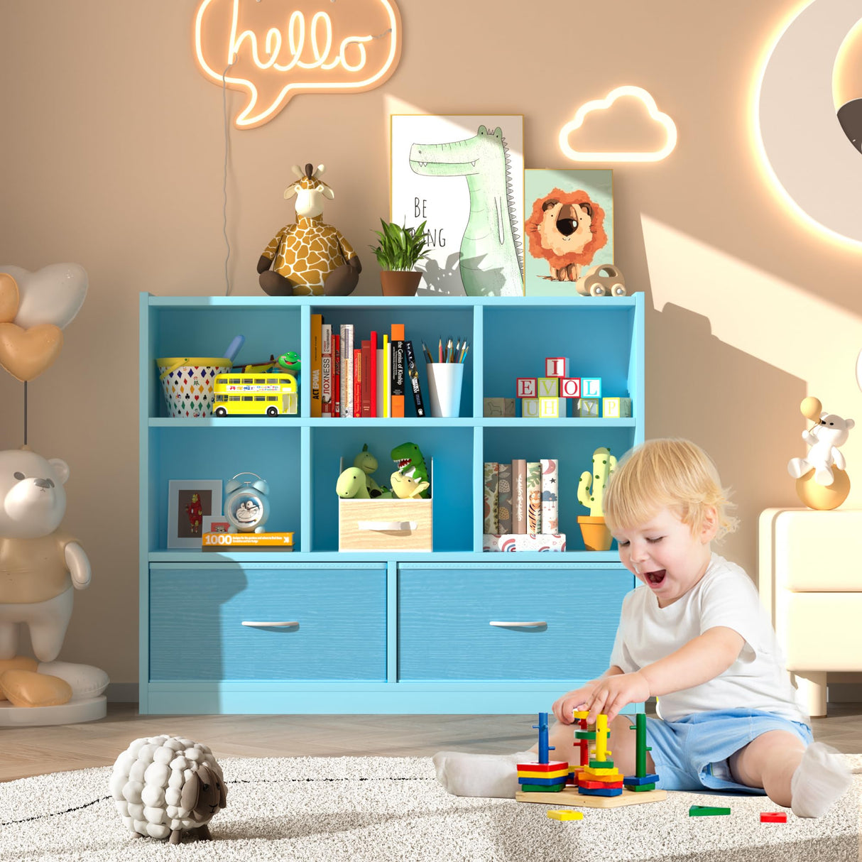 Adompacat Cube Bookshelf Storage Organizer Bookcase,8 Cube Open Mid-Centur Shelf,Freestanding Display Bookshelve, Modern Wide Kids Toy Shelf with Drawers for Bedroom Living Room Office,Blue Adompacat