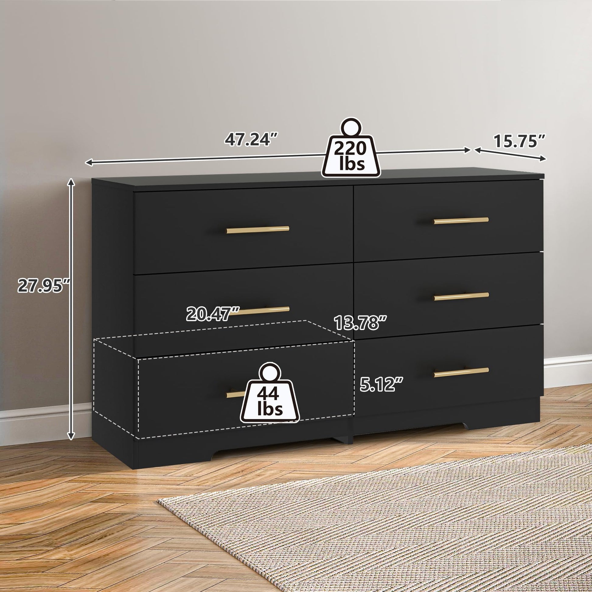 Vibe & Dine Black Dresser for Bedroom with Wide Storage, Modern 6 Drawer Dresser with Gold Handles, Wooden Chest of Drawers for Living Room - WoodArtSupply