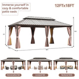Joyside 12' X 18' Double-Tier Hardtop Gazebo, Aluminum Metal Gazebo with Iron Material Roof, Curtain and Netting, Permanent Gazebo Pavilion for Patio, Backyard, Deck, Lawn Joyside