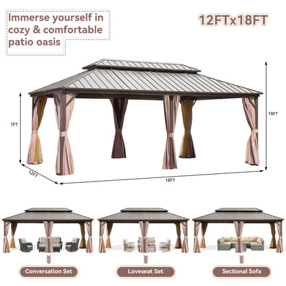 Gardenbee 12x18 ft Gazebo Double Roof Canopy with Netting and Curtains, Outdoor Gazebo 2-Tier Hardtop Galvanized Aluminum Frame Garden Tent for Patio, Backyard, Deck and Lawns - WoodArtSupply