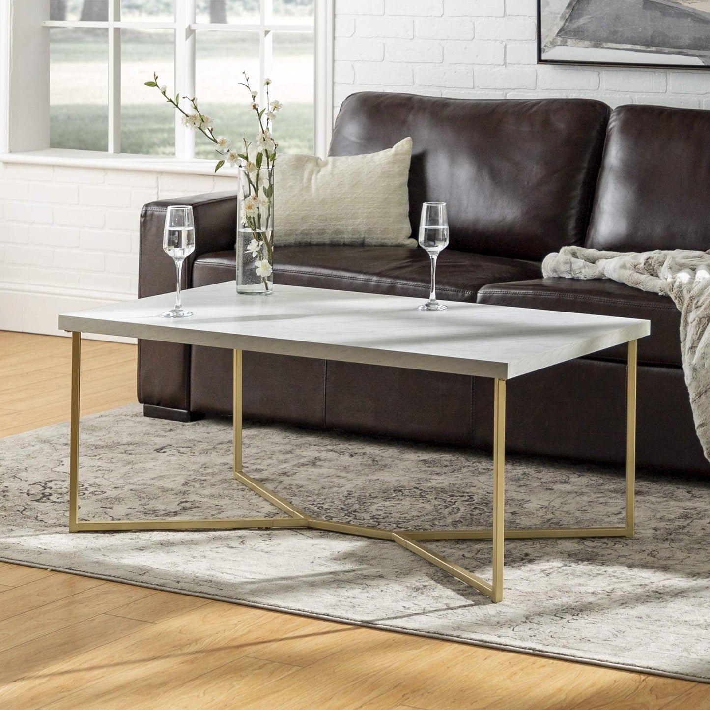 Walker Edison Mid Century Modern Marble Gold Rectangle Coffee Table Living Room Accent Ottoman Storage Shelf, 42 Inch, Marble and Gold - WoodArtSupply