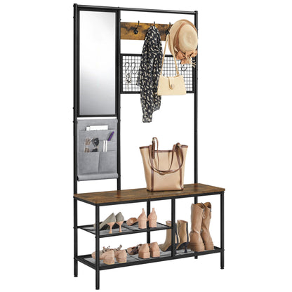 Yaheetech Hall Tree with Shoe Bench, Coat Rack with Mirror & Storage Bag, Entryway Bench with Shoe Storage Shelves, Metal Frame, for Hallway Bedroom Living Room, 6-in-1 Design, Rustic Brown