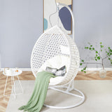 YWUFUART Hanging Egg Outdoor, Rattan Swing Chair with Foldable Basket, Hammock Chair with Metal Stand, Lounge Chair for Garden Backyard, White YWUFUART