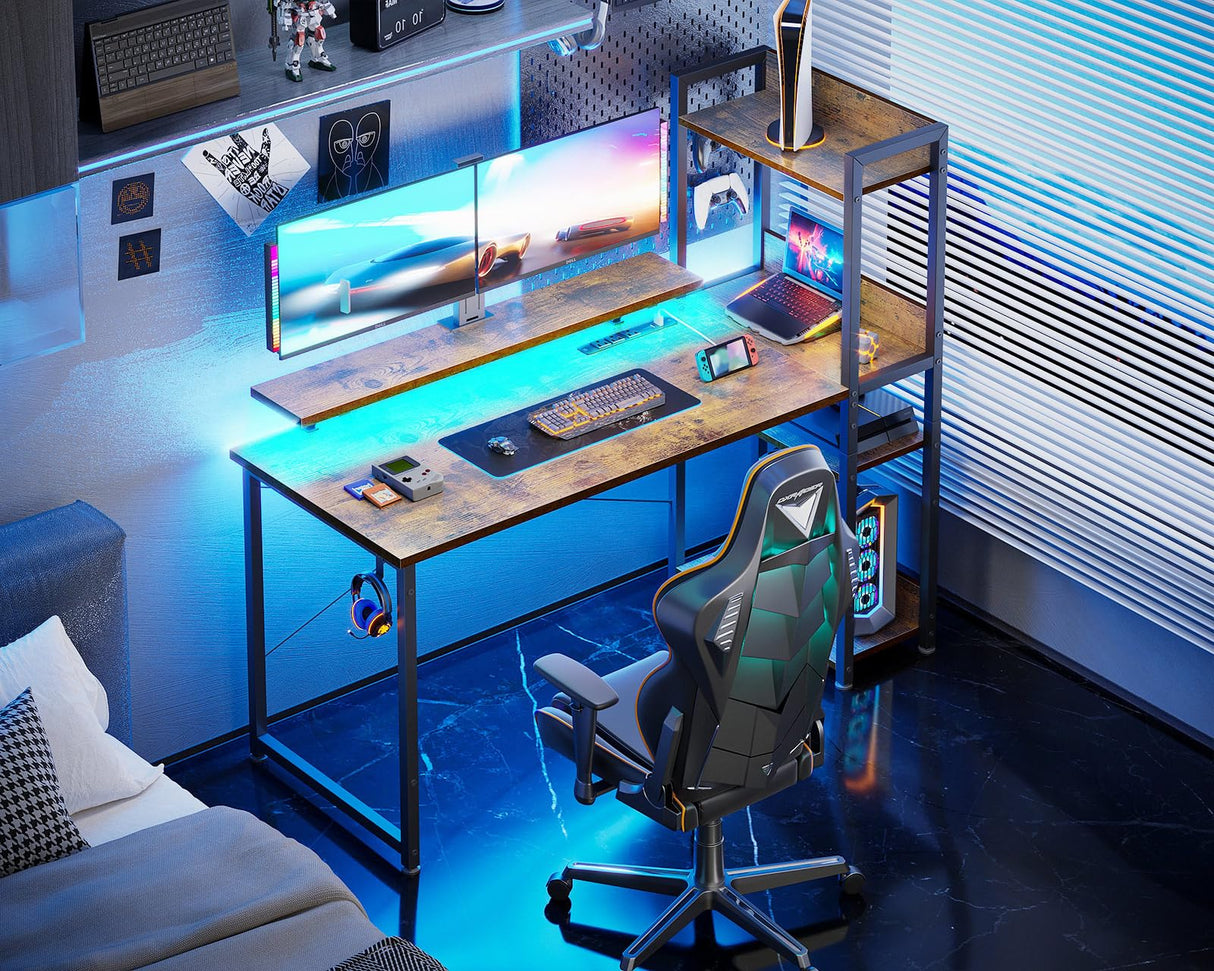 ODK Reversible Gaming Desk with Power Outlets and LED Lights, 48 Inch Computer Desk with Storage Shelves and Monitor Stand, Modern Writing Study Desk for Home Office, Rustic Brown ODK
