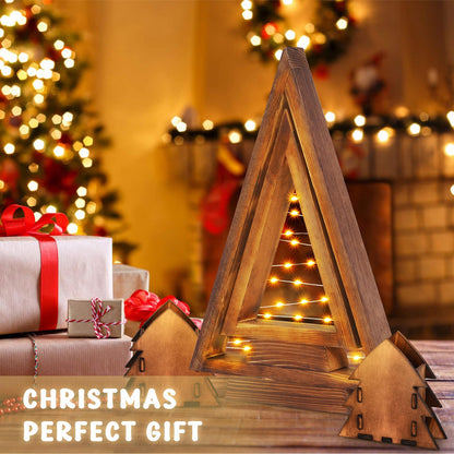 Wooden Christmas Tree with Lights, 4 Pcs Table Top Christmas Tree Lighted Mini Wood Christmas Tree Decorations Indoor Modern Farmhouse Triangle Christmas Decor