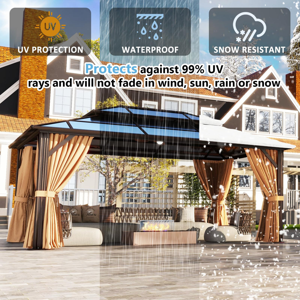 Aoxun 12'x16' Hardtop Gazebo, Aluminum Frame Permanent Pavilion with Curtains and Netting, Outdoor Polycarbonate Double Roof Canopy, Designed for Garden, Lawns, Patio Aoxun