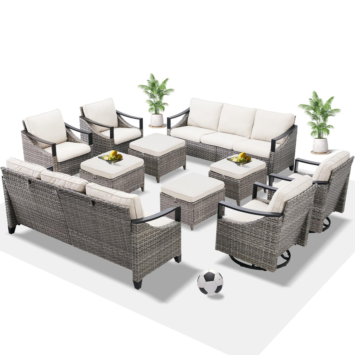10 Piece Outdoor Patio Furniture Set-All Weather Outdoor Conversation Sets Sectional Sofa with Wicker Swivel Rocker Patio Chairs, Thick Cushions Ottomans for Porch Balcony Patio Deck Grey/Beige PLANNTONNEO