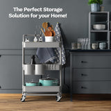 3 Tier Rolling Cart, with Table Top, Rolling Storage Cart with Handles and Locking Wheels, Utility Cart with 2 Small Baskets and 4 Hooks for Bathroom. Office, Balcony, Living Room (Grey) Koolerthings Expansion Wellness