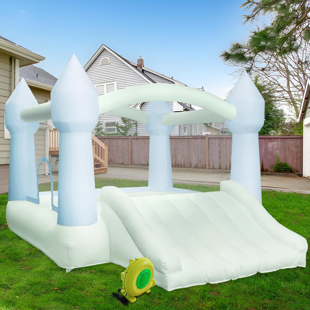 AKSPORT Inflatable Bounce House,White Castle Bounce House for Kids 3-6 Indoor & Outdoor Inflatable Bouncer House with Slide & Air Blower & Balloons for Kids Birthday Party,Wedding Party AKSPORT