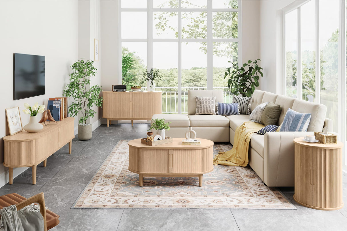 LINSY HOME Mid Century Modern Coffee Table with Sliding Tambour Door, Fluted Accent Center Table with Storage, Oval Small Coffee Table for Living Room, Oak LINSY HOME