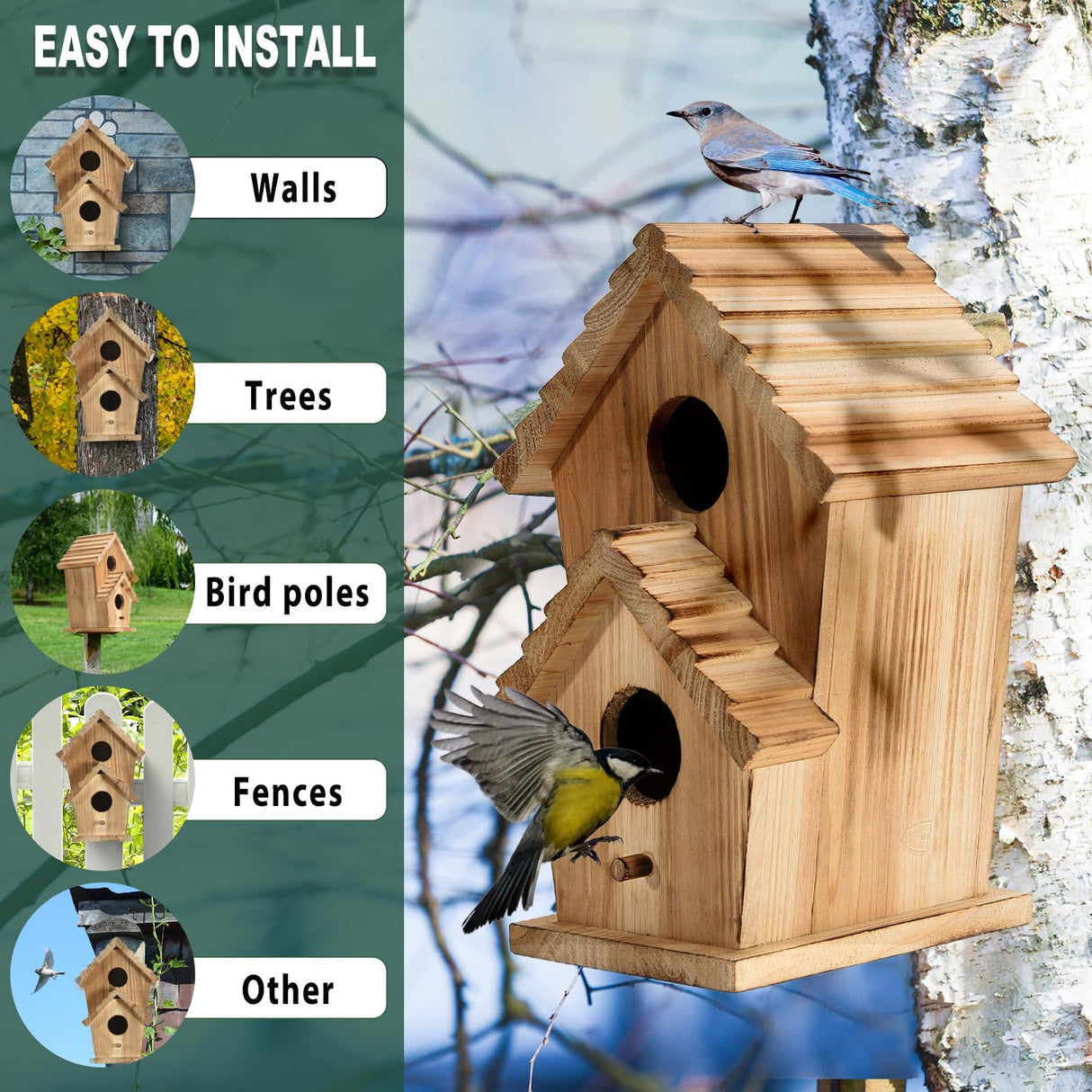 NATUREYLWL Bird Houses for Outside-2 Hole Wooden Outdoor Bird House,Wild Bird Box House,Nesting Box Birdhouse,Garden Bird Roosting NATUREYLWL
